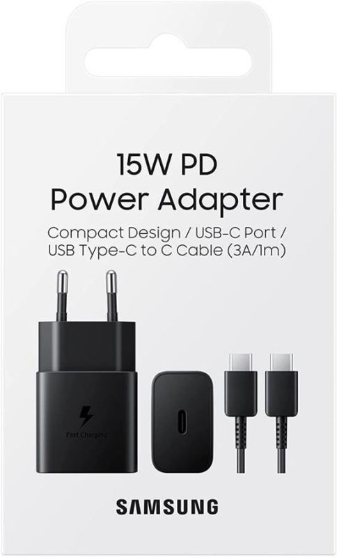 Зарядний пристрій мережевий Samsung 15Вт USB-С, кабель USB-C > USB-C, 1м, чорний