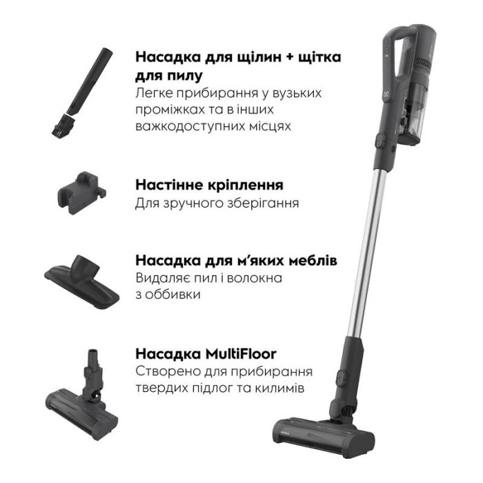 Пилосос Electrolux бездротовий, конт пил -0.3л, автон. робота до 50хв, вага-1.9кг, HEPA10, 3 насадки, синій