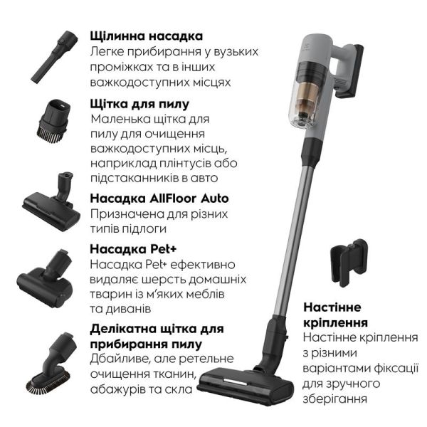 Пилосос Electrolux бездротовий, конт пил -0.3л, автон. робота до 50хв, вага-2.29кг, HEPA12, AutoMode, 5 насадок, сірий