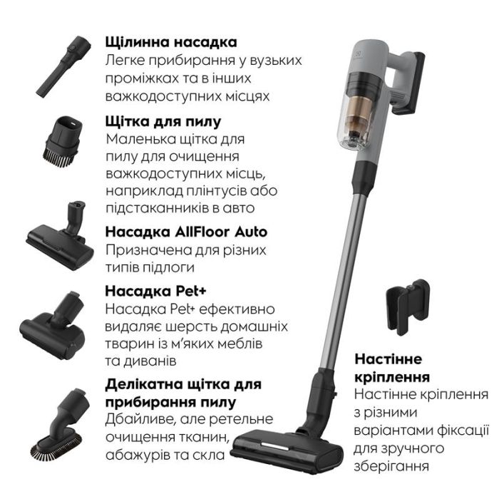Пилосос Electrolux бездротовий, конт пил -0.3л, автон. робота до 50хв, вага-2.29кг, HEPA12, AutoMode, 5 насадок, сірий