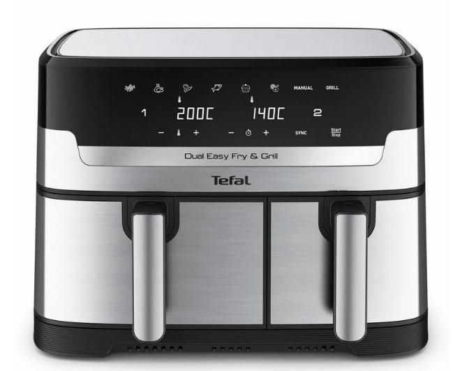 Мультипіч Tefal Dual EasyFry&Grill AirFryer, 2700Вт, чаша-5.2+3.1л, сенсорне керув., 2 чаши, гриль, пластик, сіро-чорний