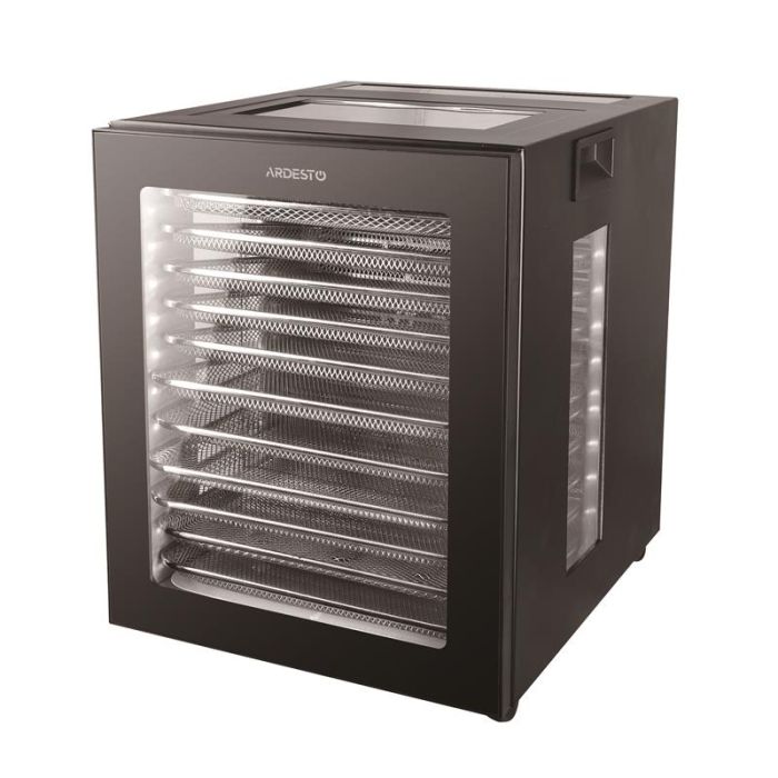 Сушарка для продуктів  ARDESTO FDB-1242, 850Вт, піддонів -12x3см, макс-70°С, таймер, електр. управління, нерж., чорний