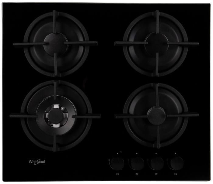 Варильна поверхня Whirlpool газова на склі, 60см, чавун, конфорка з подвійним рядом полум'я, чорний