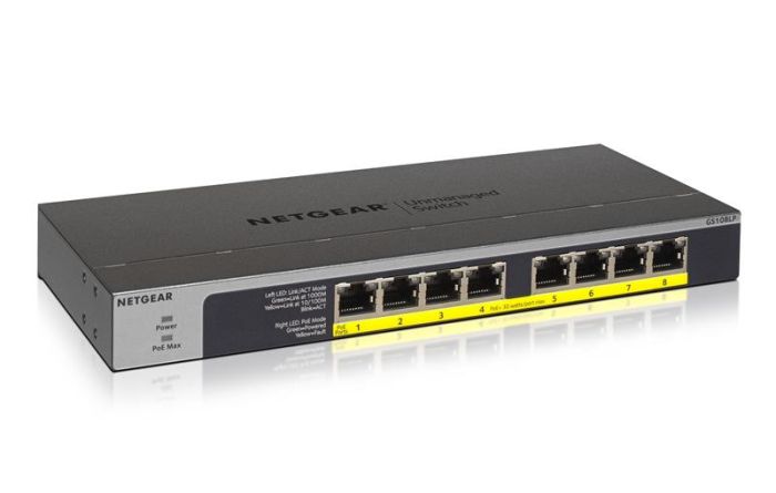 Комутатор NETGEAR GS108LP 8xGE PoE, 60Вт, Некерований