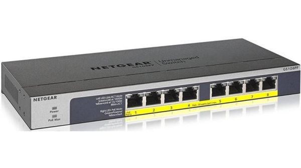 Комутатор NETGEAR GS108PP 8xGE PoE, 123Вт, Некерований