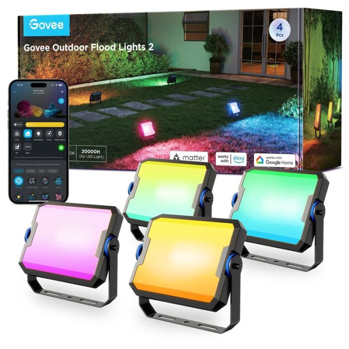 Набір настінних світильників Govee H8057 Outdoor FLood Lights, 4шт, RGBICWW, WI-FI/Bluetooth, чорний