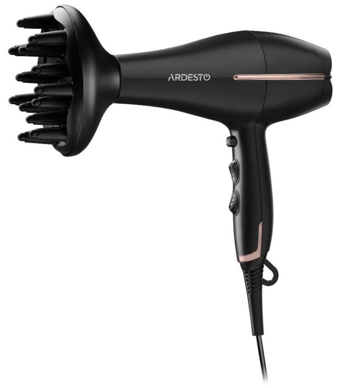 Фен Ardesto  HD-Y220PRO, 1850-2200Вт, 2 швидкості, 3 темп.режими, дифузор,чорний+золото