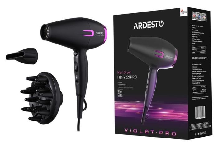 Фен ARDESTO Violet PRO HD-Y221PRO ,1750-2100Вт, 2 швидкості, 3 темп.режими, дифузор, чорний