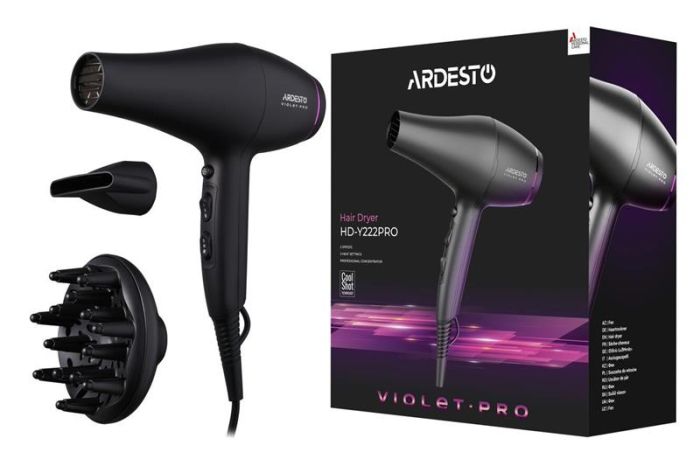Фен ARDESTO Violet PRO HD-Y222PRO, 1850-2200Вт, 2 швидкості, 3 темп.режима, дифузор, чорний