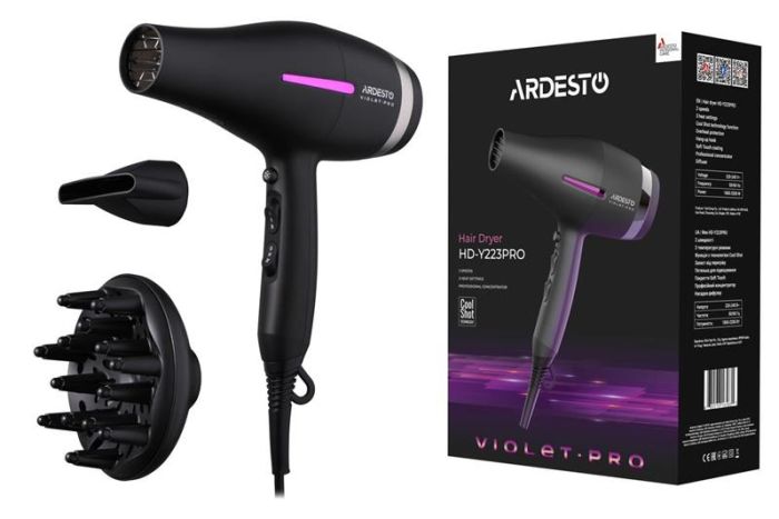 Фен ARDESTO Violet PRO HD-Y223PRO, 1850-2200Вт, 2 швидкості , 3 темп.режими, дифузор, чорний