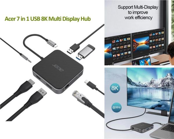 Хаб Acer USB-С > HDMI/DP/2xUSB-A3.2/USB-C/RJ45/mini-jack, 0.15м, чорний