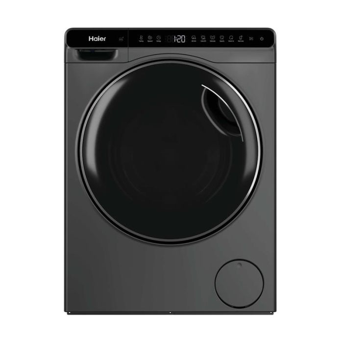 Пральна машина Haier фронтальна, 5кг, 1200, A, 42.3см, дисплей, інвертор, люк чорний, Wi-Fi, висота 70см, cріблястий