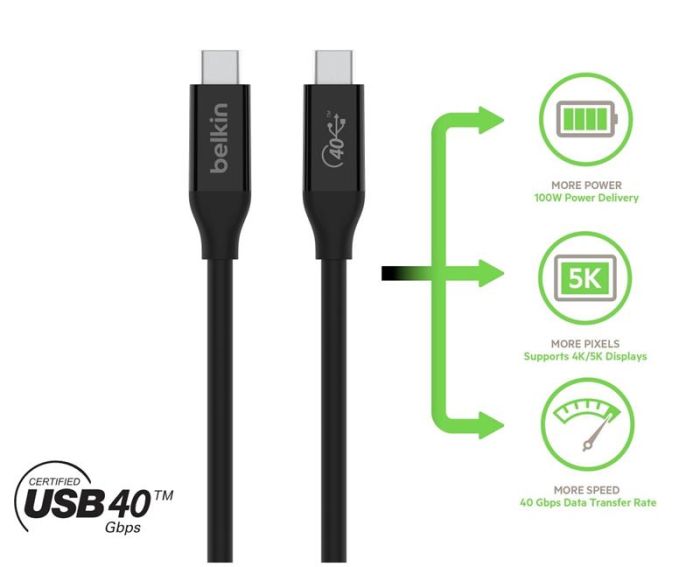 Кабель Belkin USB-C > USB-C заряджання/синхронізації 100Вт PD, USB4, 40Гбс, 0.8м, чорний
