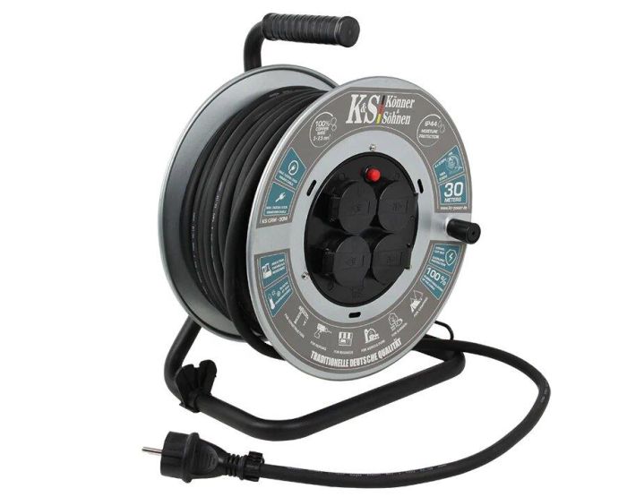Подовжувач мережевий Konner&Sohnen KS CRM-30M, 30м, 4xТипF, 16A, на котушці, чорний
