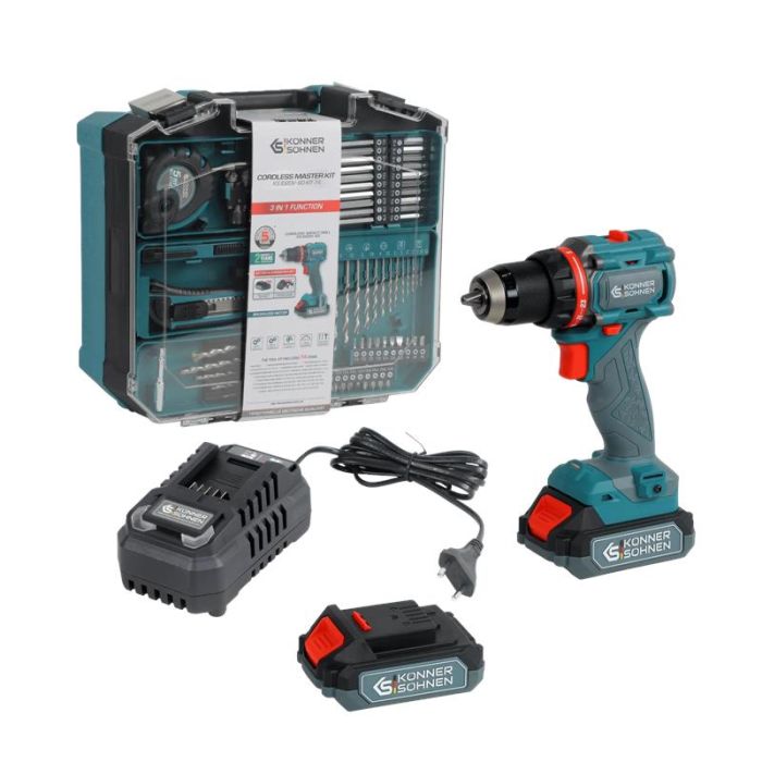 Шурупокрут-дриль ударний акумуляторний Konner&Sohnen KS ID20V-60 KIT 74 20В 1х2А·год 60Нм 0-450·0-1900об/хв LED-світло ЗП набір свердл і біт 74шт кейс 4.3кг