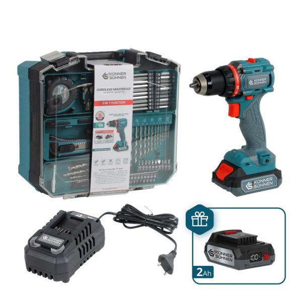 Шурупокрут-дриль ударний акумуляторний Konner&Sohnen KS ID20V-60 KIT 74 PLUS 20В 2х2А·год 60Нм 0-450·0-1900об/хв LED-світло ЗП набір свердл і біт 74шт кейс