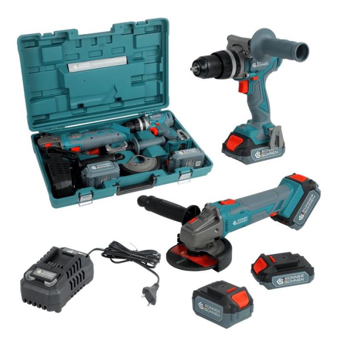 Набір із двох акумуляторних інструментів Konner&Sohnen KS IDAGB 20V SET 1 20В дриль ударний, шліфмашина кутова, швидкий ЗП 2.4А акб 1х2А·год+1х4А·год кейс 3