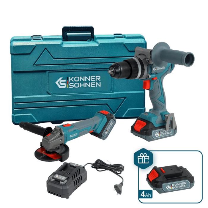 Набір із двох акумуляторних інструментів Konner&Sohnen KS IDAGB 20V SET 1 PLUS 20В шурупокрут-дриль ударний, шліфмашина кутова KS AGB20V-125VR, ЗП 2.4А акб