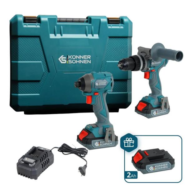 Набір із двох акумуляторних інструментів Konner&Sohnen KS IDISD 20V SET 2 PLUS 20В шурупокрут-дриль ударний, гвинтоверт ударний KS ISD20V-260-4, ЗП 2А акб 2