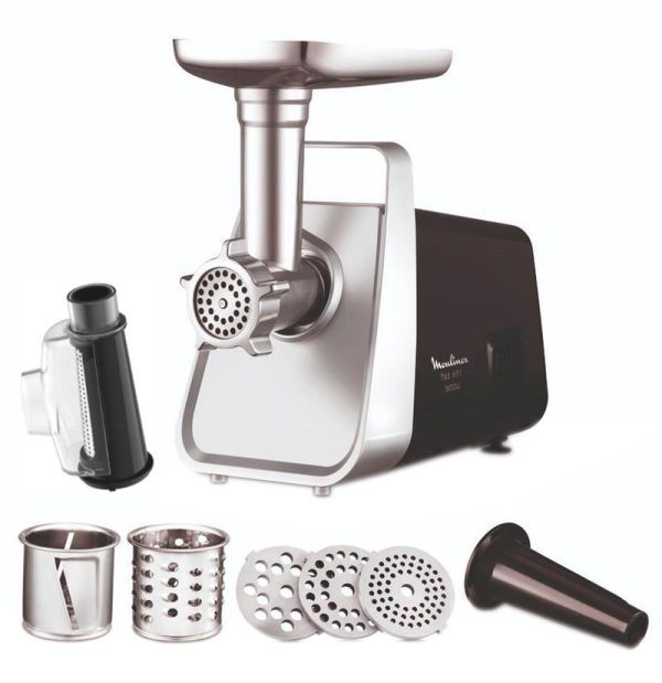 М'ясорубка Moulinex, 1600Вт, 1.9кг/хв, 3 решітки, насадка для ковбас, томатів, 3 терки, пластик/мет, чорно-срібний