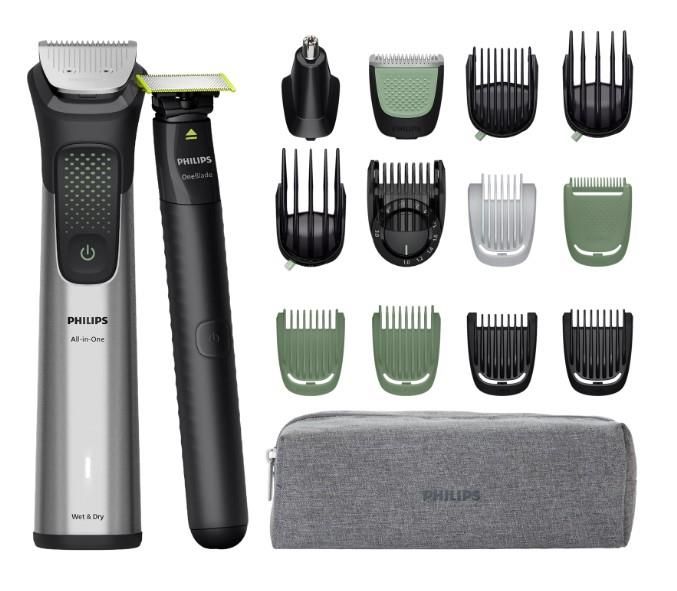 Тример Philips Series 9000, для обличчя, голови, тіла, акум., насадок-17, OneBlade в компл., сталь, сірий