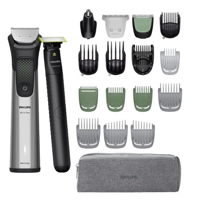 Тример Philips Series 9000, для бороди, голови та тіла, насадок-15, OneBlade в компл., сталь, сірий