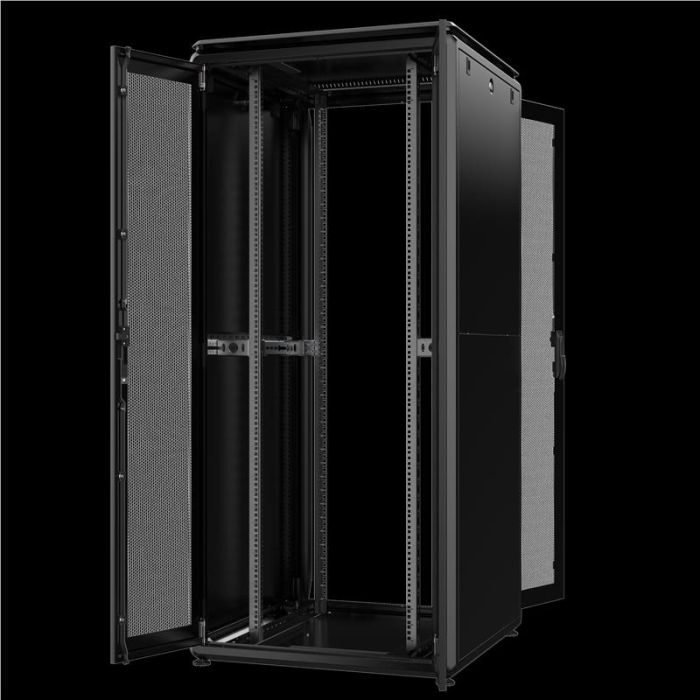 Шафа серверна, металева, розміром 19" 42U (В) 600x800 (ШхГ), RAL 9005 (чорного кольору), перфоровані 63% двері, задні розпашні.