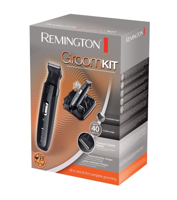 Набір для стрижки Remington Groom Kit, для бороди, вусів, голови і носа, акум., насадок-10, титан.напил., чорний