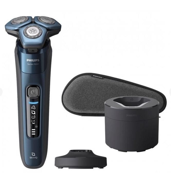 Бритва електр. Philips роторна Series 7000, 9Вт,  бритв.головок-3, Li-Ion, сух.+волог., тример, чохол, Bt., сіро-синій
