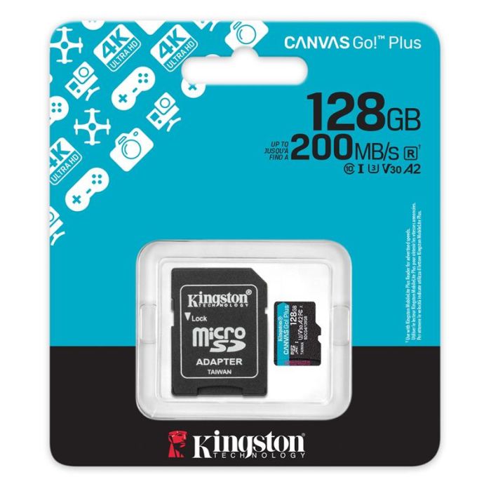 Карта пам'яті Kingston microSD  128GB C10 UHS-I U3 A2 V30 R200/W100MB/s + SD