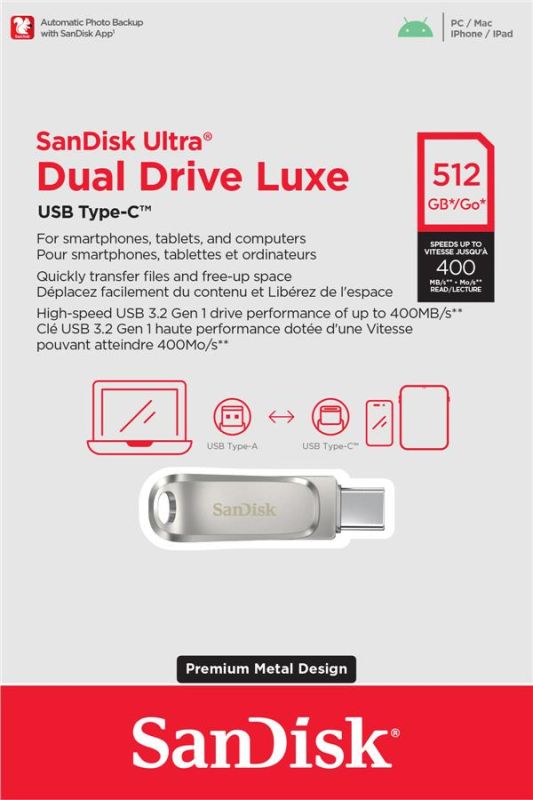 Накопичувач SanDisk  512GB USB 3.1 Type-A + Type-C Dual Drive Luxe Срібний