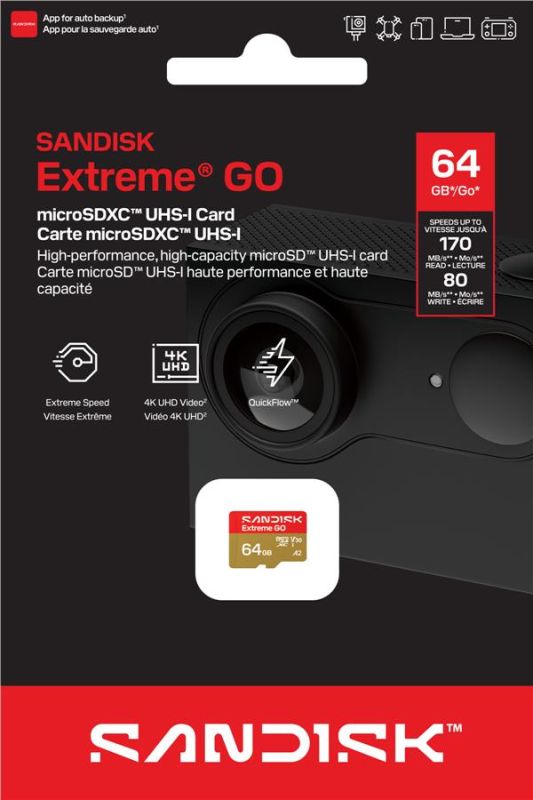 Карта пам'яті SanDisk microSD   64GB C10 UHS-I U3 A2 V30 R170/W80MB/s Extreme GO