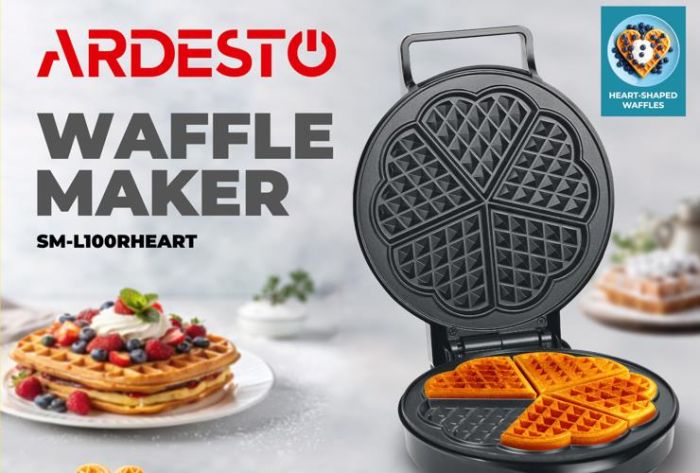 Вафельниця ARDESTO 1200Вт, вафлі в формі сердця,  корпус-пластик, чорний