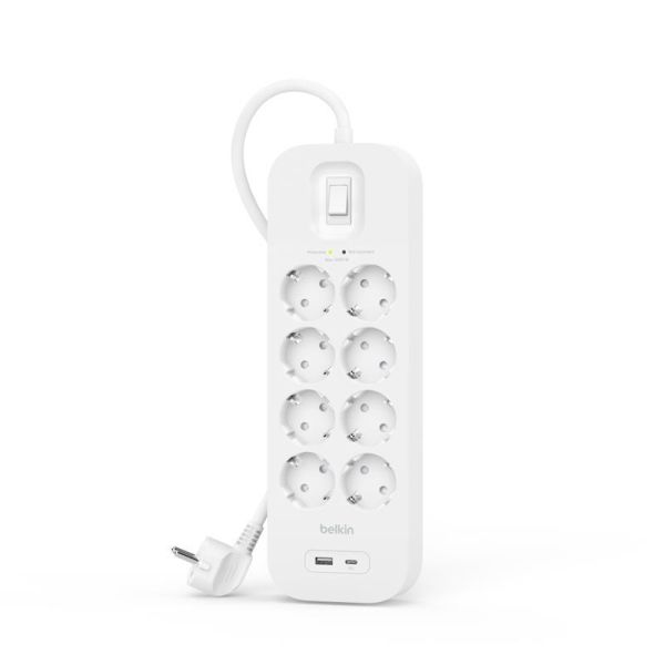 Подовжувач мережевий Belkin 2м, 8хТипF, 16А, USB-A/USB-C 18Вт, фільтр, білий