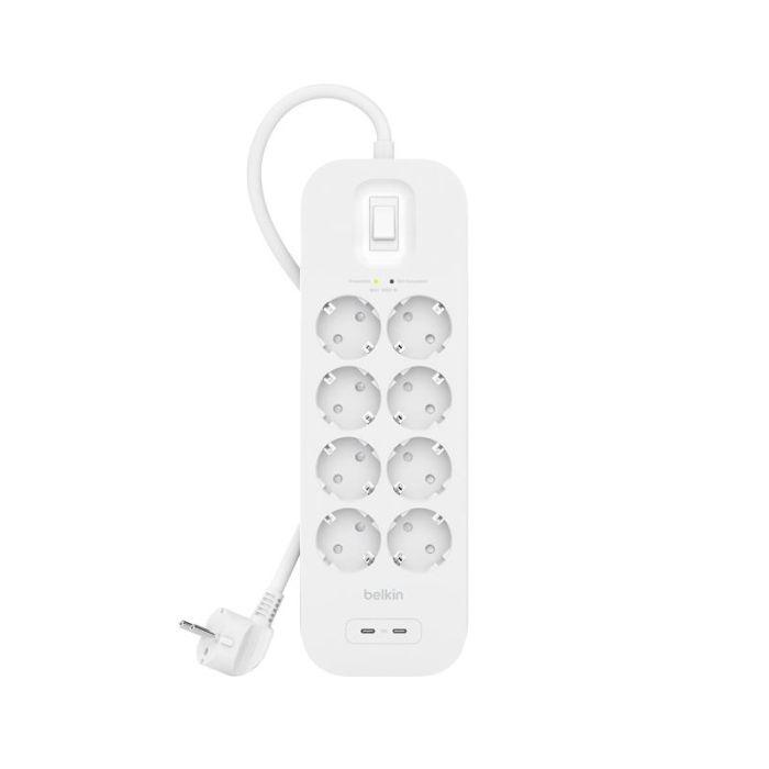 Подовжувач мережевий Belkin 2м, 8хТипF, 16А, USB-С/USB-C 30Вт, фільтр, білий