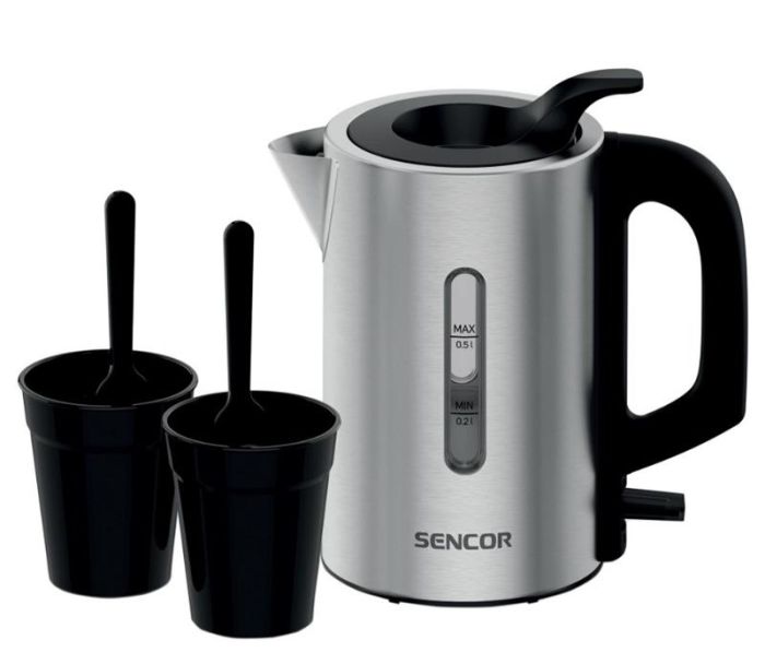 Електрочайник Sencor 0.5л, Strix, пластик, в комплекті 2 склянки + 2 ложки, нерж. сталь