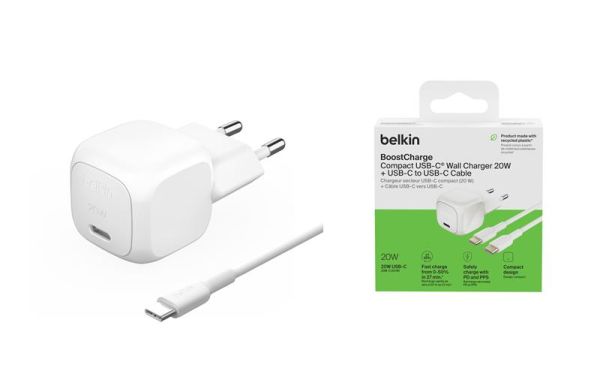 Зарядний пристрій мережевий Belkin 20Вт USB-С PD PPS, кабель USB-С > USB-C, 1м, PVC, білий