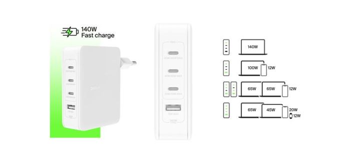 Зарядний пристрій мережевий Belkin 140Вт 3хUSB-С GAN PD PPS, USB-A, білий