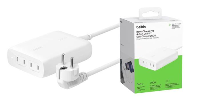 Зарядний пристрій мережевий Belkin 200Вт 4хUSB-С GAN PD PPS, білий