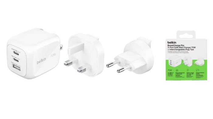 Зарядний пристрій мережевий Belkin 70Вт 2хUSB-С/USB-A GAN PD PPS, білий