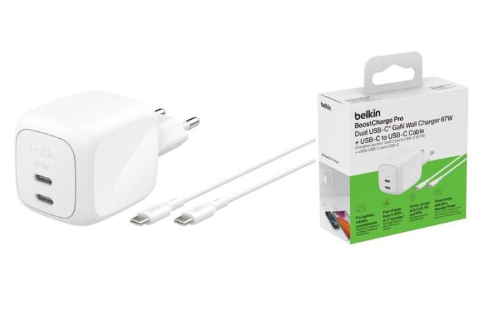 Зарядний пристрій мережевий Belkin 50Вт 2хUSB-С GAN PD PPS, кабель USB-С > USB-C, 1м, білий
