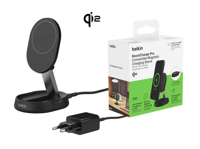 Зарядний пристрій бездротовий Belkin 15Вт Magnetic Stand Qi2, адаптер 20Вт USB-C, чорний