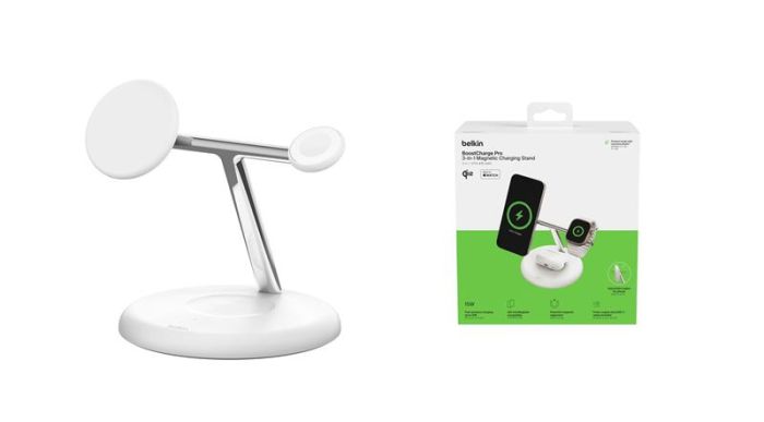 Зарядний пристрій бездротовий Belkin 3в1 Magnetic Adjustable Pad Qi2 15Вт, білий