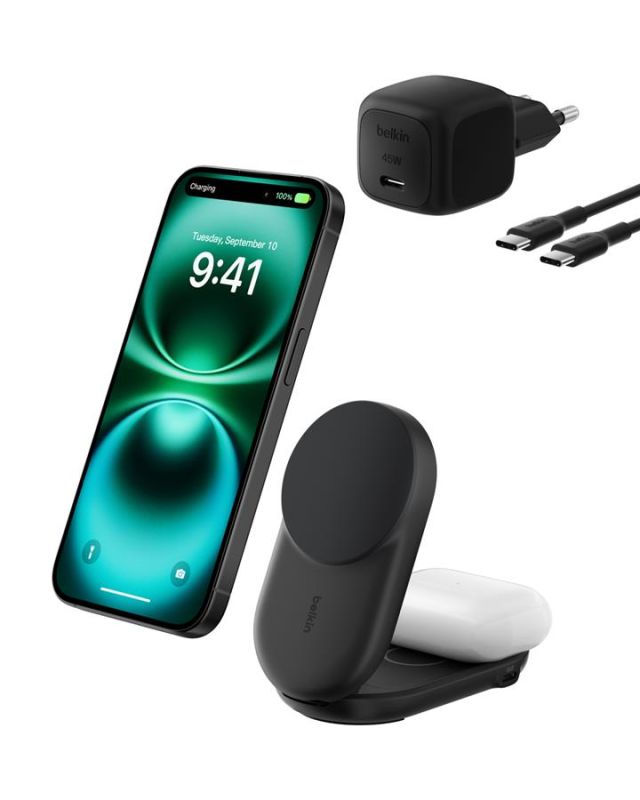 Зарядний пристрій бездротовий Belkin UltraCharge 2в1 Foldable Magnetic Charging 25Вт, чорний