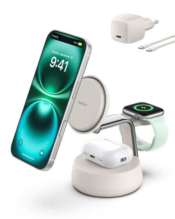 Зарядний пристрій бездротовий Belkin UltraCharge Pro 3в1 Magnetic Charging Dock 25Вт, Sand