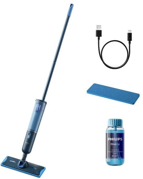 Електрична швабра Philips безпровідна OneUp Series 3000, повноцінне вологе прибирання , вода -0.312л, автон. робота до 50хв, синій