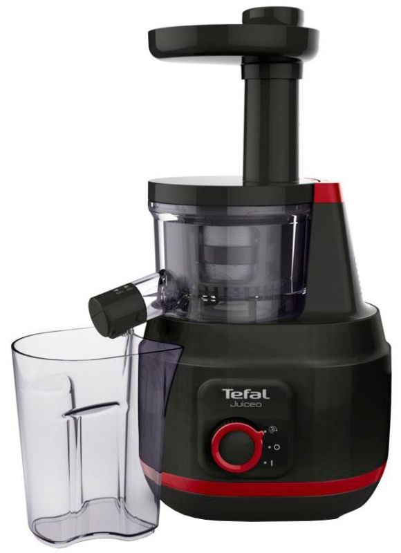 Соковитискач Tefal Juiceo шнековий 150Вт, чаша-0.8л, жмих-0.8л, насадка для цитрусових, пластик, червоно-чорний